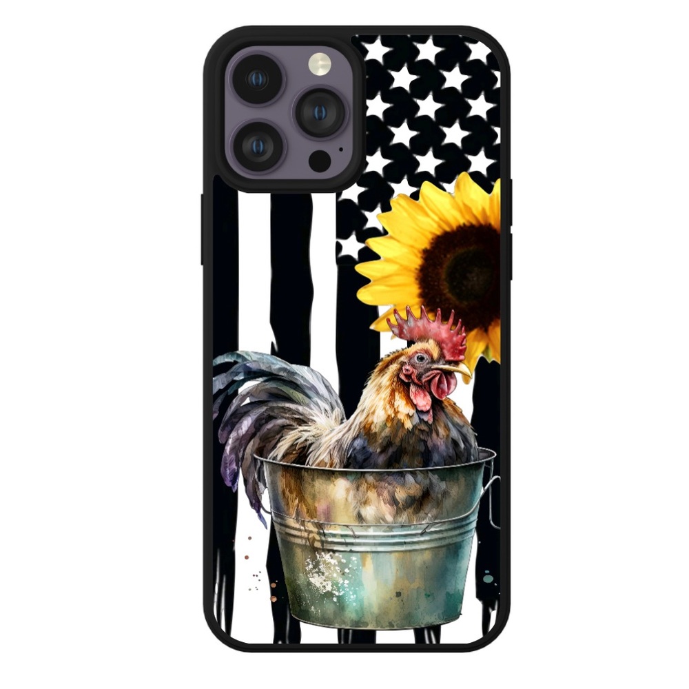 New Phone Case for iPhone 14 Pro Max Chicken/Rooster Flag Sunflower Phone Case